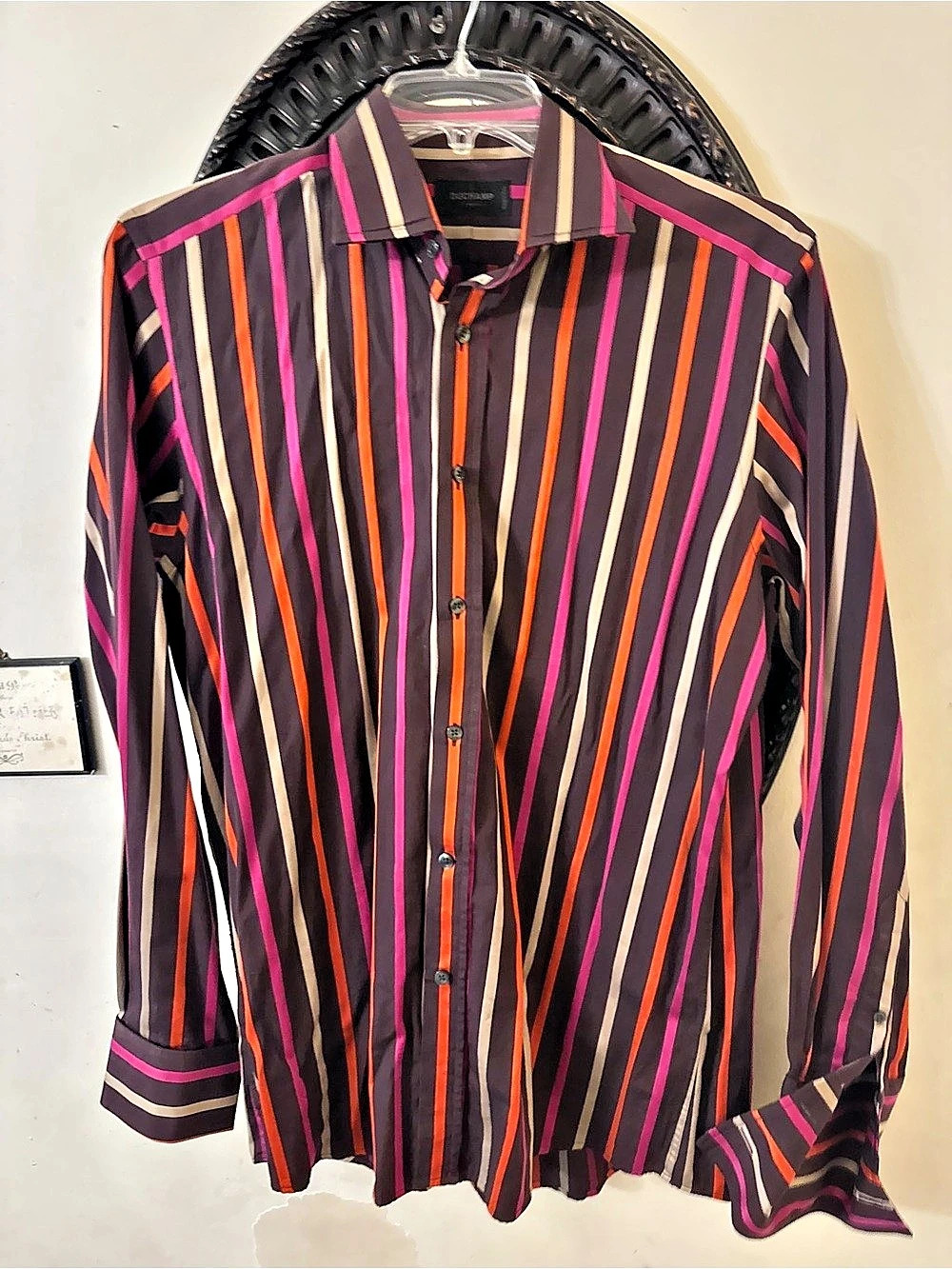 Duchamp Striped Button Down in dark brown and Pink